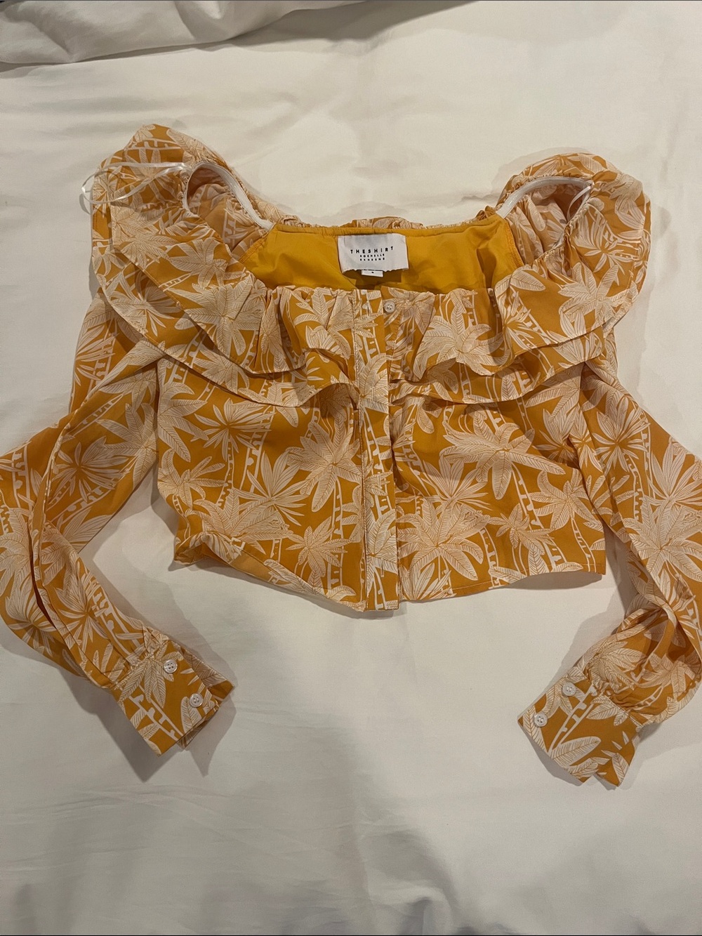 Mustard Floral Ruffle Button-Down Crop Blouse